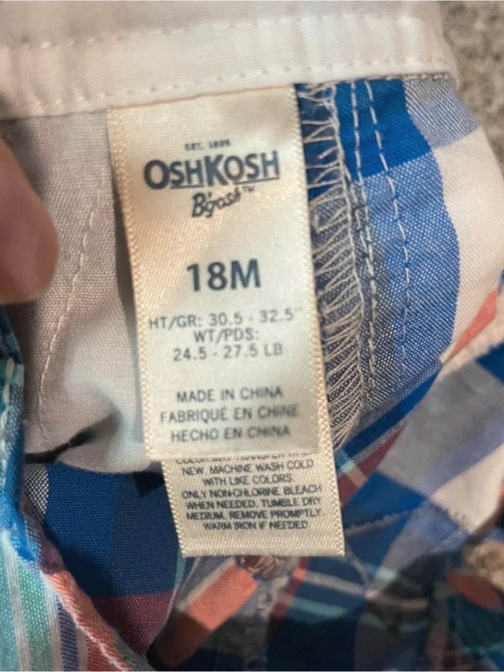 OshKosh B'gosh Plaid Shortalls in Blue, White and Coral